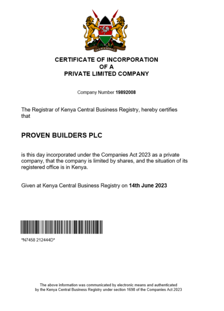 Kenya business registration certificate Word and PDF template